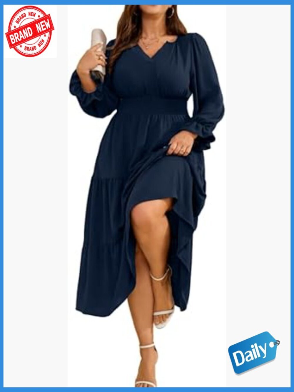 Plus Size Tiered Maxi Dress Long Sleeve V-Neck A-Line Wedding Guest